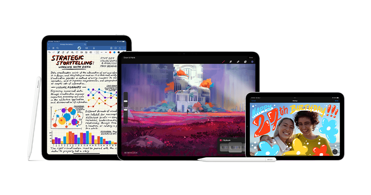 Apple Pencil e iPads representando a linha de acessórios