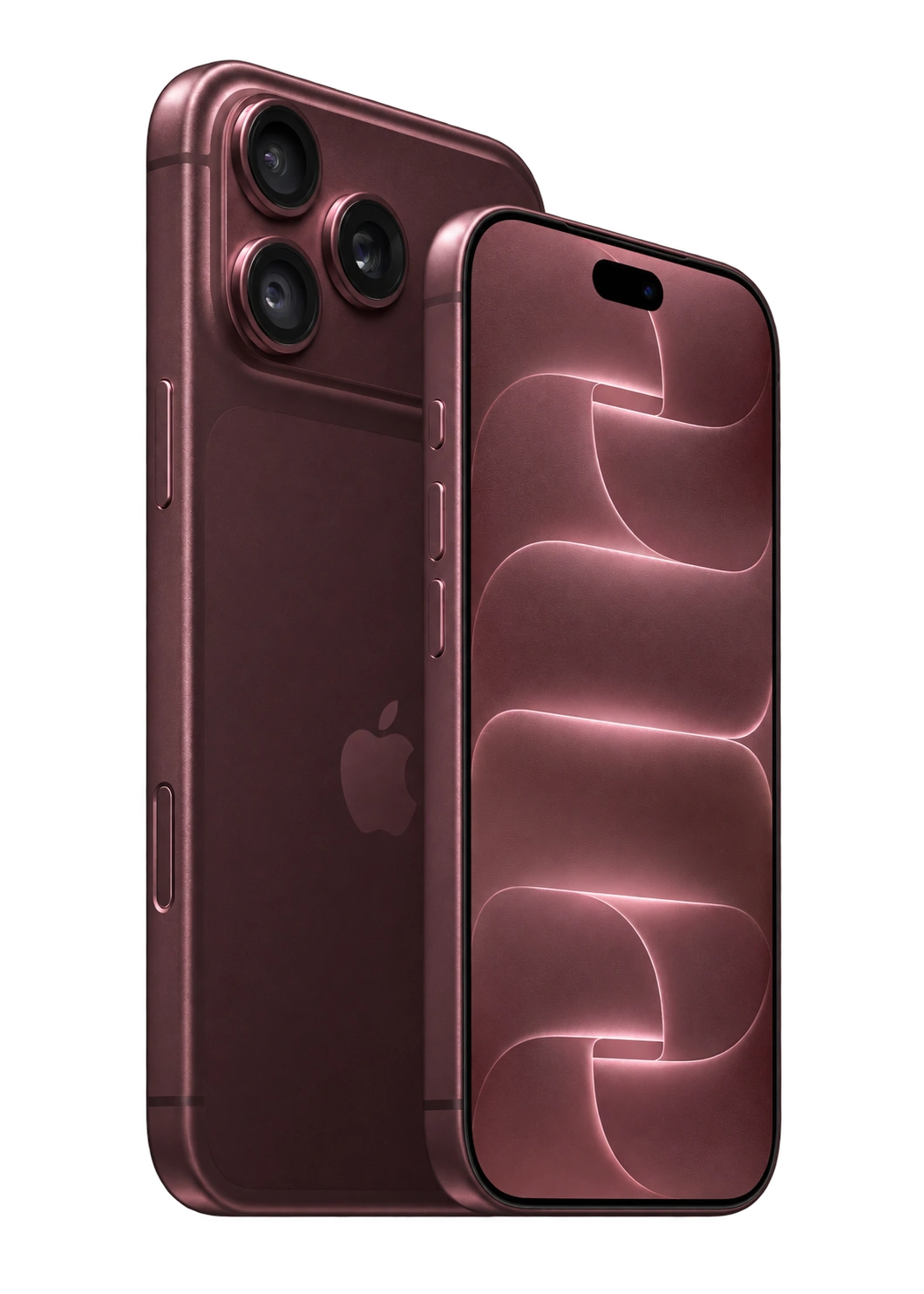 Vista frontal e traseira do iPhone 18 Pro em bordô, com fundo transparente