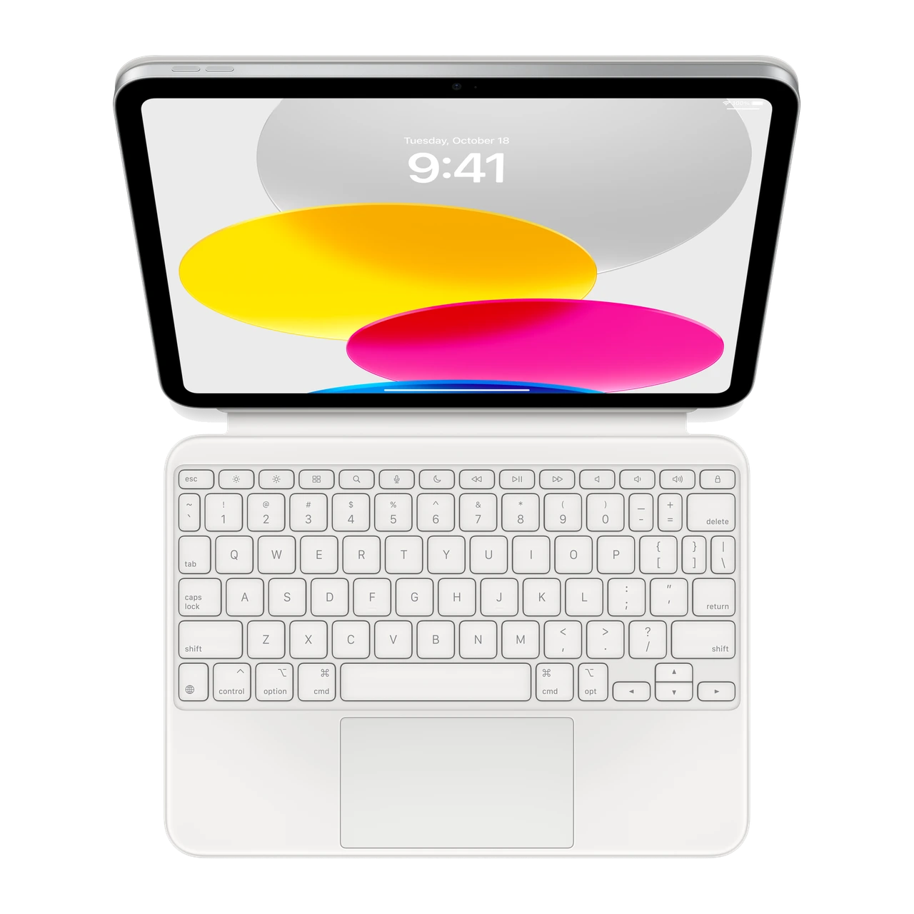 Magic Keyboard Folio para iPad — vista frontal aberta completa com iPad (A16) contextual