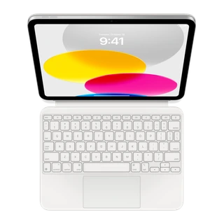 Magic Keyboard Folio para iPad — vista frontal aberta completa com iPad (A16) contextual