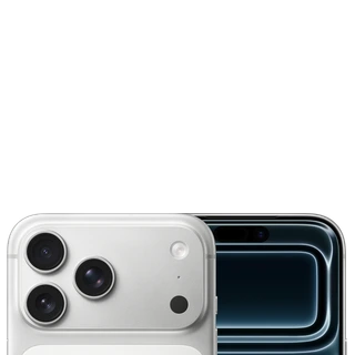 iPhone 17 Pro Max — detalhe superior frontal e traseiro oficial em prata