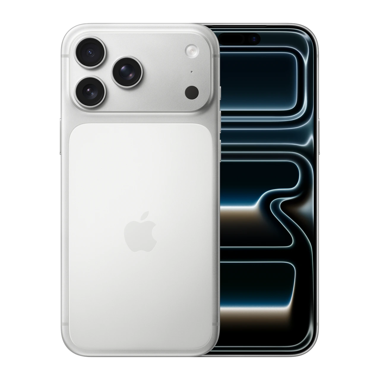 iPhone 17 Pro Max — composição frontal e traseira oficial em prata