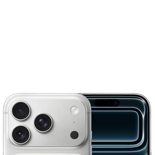 iPhone 17 Pro — detalhe superior frontal e traseiro oficial em prata